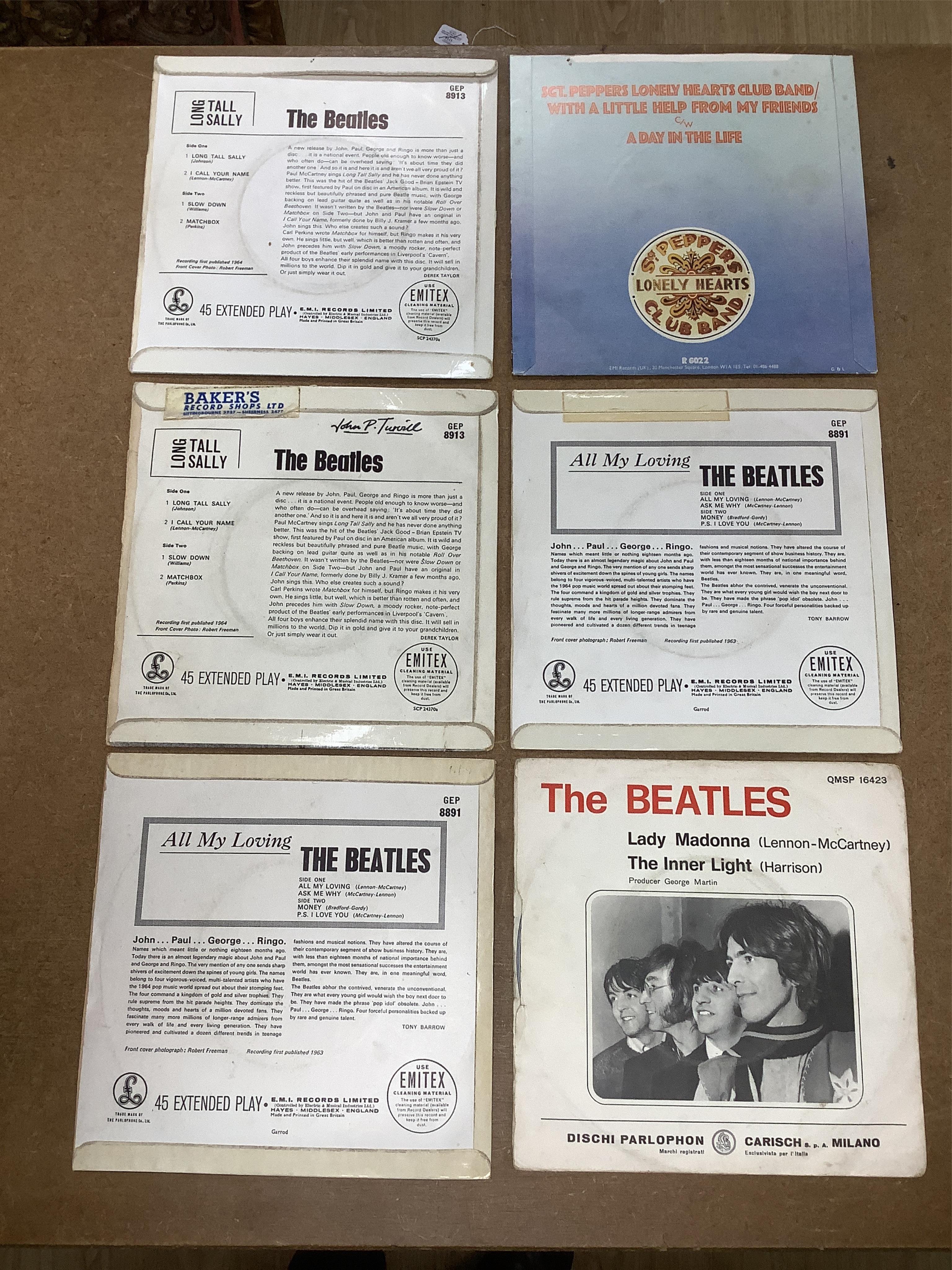 Fifteen The Beatles 7” singles, all in pictures sleeves, including; Extracts from A Hard Days Night, The Beatles Million Sellers, Twist and Shout, Hello Goodbye, Lady Madonna, etc., including several foreign issues